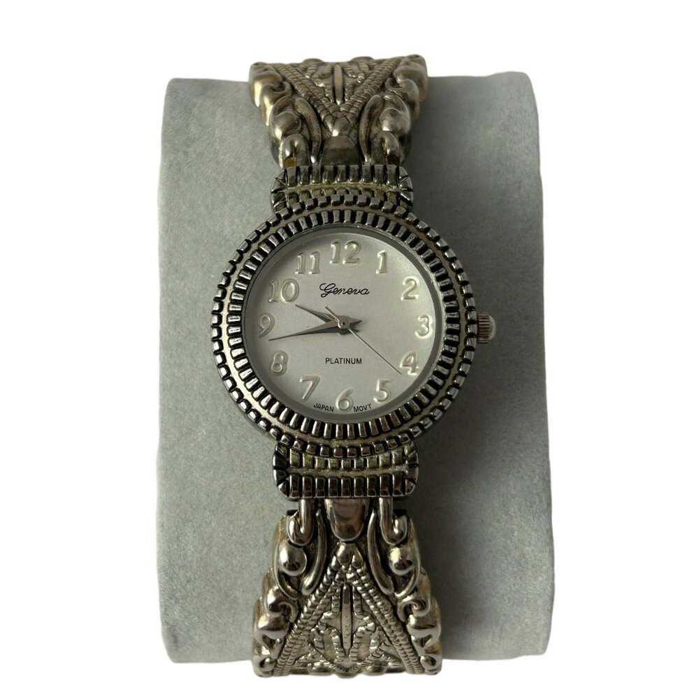 Geneva Womens Ladies Watch Cuff Style Silver Tone Ornate Wristwatch Works READ